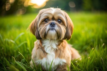 A friendly brown shih tzu sits serenely in a lush green grassy field, gazing directly up at the camera lens with an endearing expression.