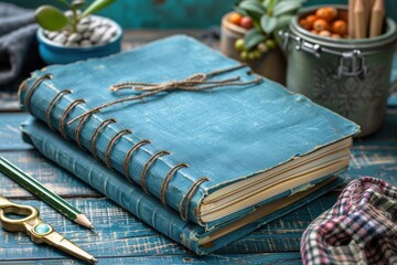 Dos libretas de color azul en la mesa. 