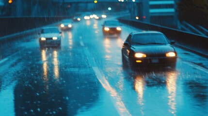 Obraz premium Rainy road adventure: cars navigating a stormy highway