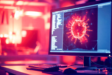 Computer screen showing a digital virus image in a dark room with red lighting, symbolizing cybersecurity threats and malware