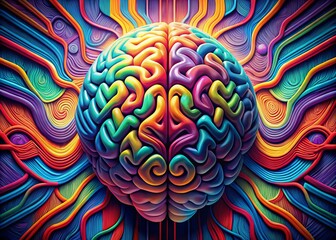 Fototapeta premium Vibrant colors swirl around a stylized brain shape, graphic patterns and bold lines blending in a retro-futuristic representation of creative thinking and intellectual curiosity.