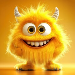Cute and furry yellow monster with good character, Big eyes and smile. studio render quality. Cartoon style.
