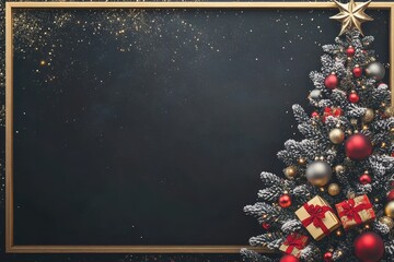 Fondo negro con marco dorado y un &aacute;rbol de navidad en el lado derecho lleno de bolas y con regalos. Espacio para escribir una felicitaci&oacute;n navide&ntilde;a. 