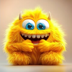 Obraz premium Cute and furry yellow monster with good character, Big eyes and smile. studio render quality. Cartoon style. 