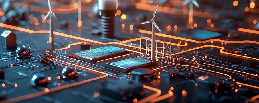 Smart grid, interconnected energy network with renewable sources, 3D illustration