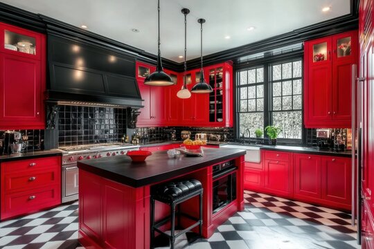 Cocina moderna en color rojo y negro. Dise&ntilde;o lujoso con suelo hidr&aacute;ulico. Modernismo y arquitectura de interior. 