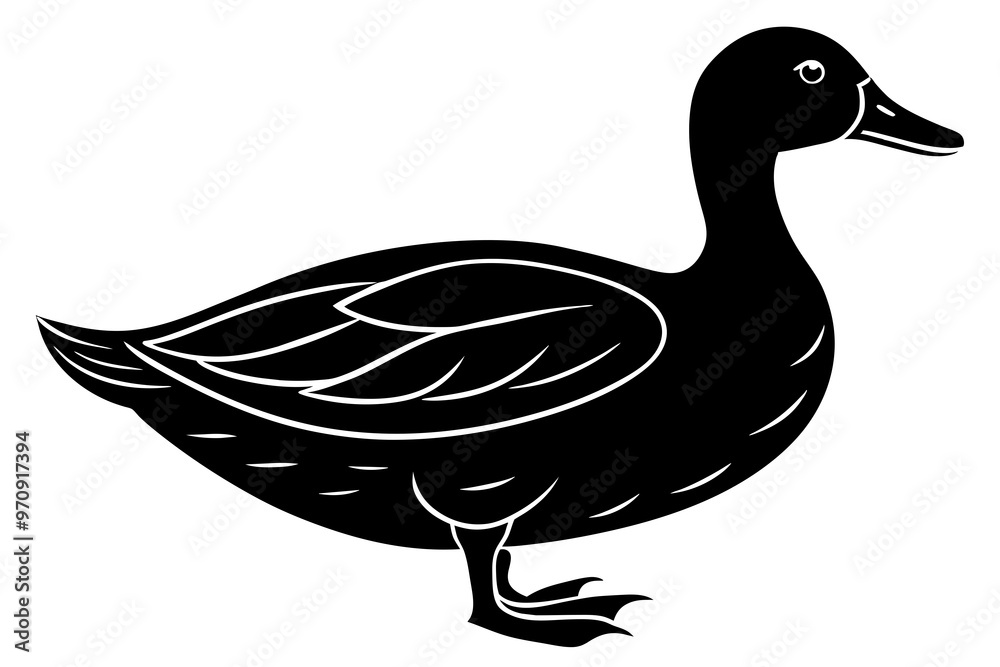 Wall mural hand drawn duck in a minimal linocut style. 4k silhouette black color vector art illustration