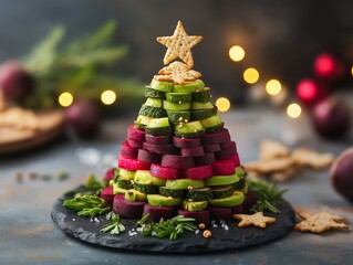 Festive Christmas tree made from avocado, beetroot, and star-shaped cheese