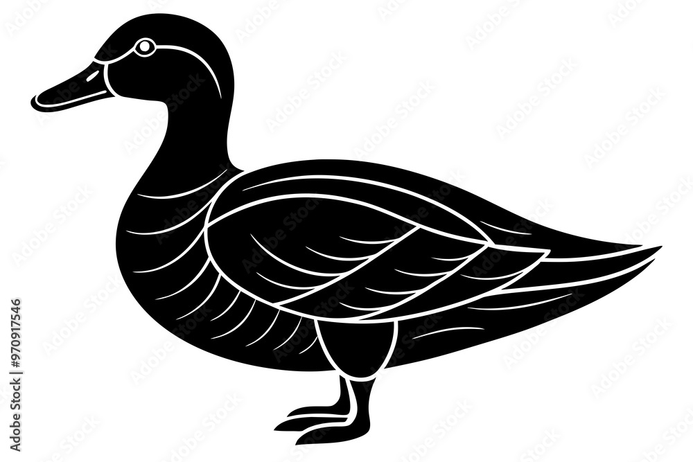 Wall mural Hand drawn duck in a minimal linocut style. 4k silhouette black color vector art illustration