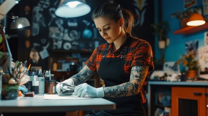 Professional tattooer works in tatoo salon