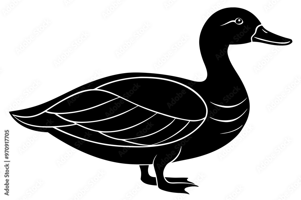 Wall mural hand drawn duck in a minimal linocut style. 4k silhouette black color vector art illustration