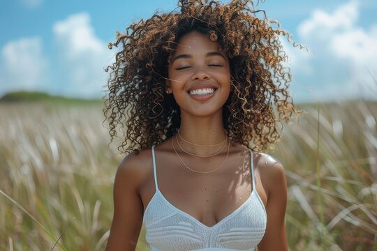 Mujer con el pelo afro contenta paseando por el campo. Sesi&oacute;n fotogr&aacute;fica al aire libre para una mujer de piel morena. 