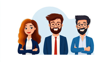 Obraz premium Illustration of three confident business professionals standing side by side, representing teamwork, leadership, and professional growth.