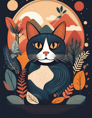 A gray cat with white markings sits in a garden. The cat has big, yellow eyes and a curious expression.