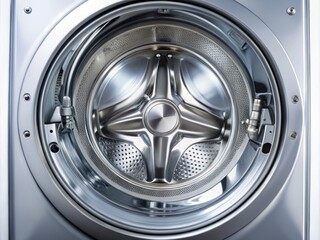 "Clean water inlet pipe visible inside sleek LG washing machine with chrome accents and transparent lid, stainless steel surrounding panel."