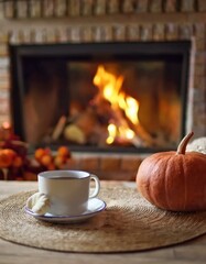 Cozy autumn. burning fireplace with pumpkins and table with cup of tea. Fall in living room footage. Pet and autumn season. Thanksgiving and Halloween