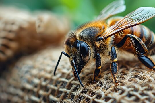 Abeja cerc de la c&aacute;mara. Insecto que produce miel. Antenas, alas y patas de la abeja. Vida animal.