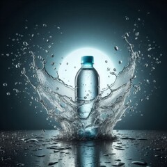 Splash of clear water with pet water bottle in the middle.
