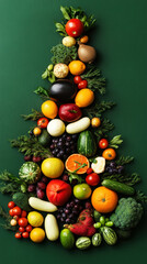 Variety of vegetables and fruits in triangle shape like a Christmas tree, green background, copy space. Generative AI