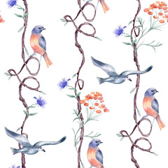 Seamless tree with birds of red, blue colors by watercolor isolated. Romantic repeating branches with heart shapes and delicate flowers pattern hand drawn. Avian wallpaper with floral elements.