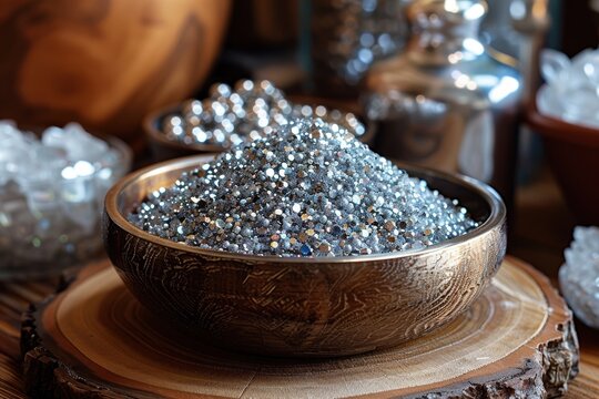 Plato de madera con trozos de plata. Recurso gr&aacute;fico, fondo.