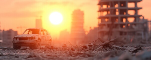 A car in the destroyed city