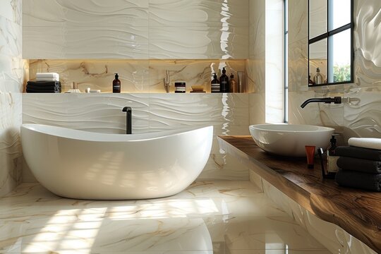 Ba&ntilde;o grande con ba&ntilde;era y grifer&iacute;a de color negro. Dos lavabos con pica de madera. Estilo y dise&ntilde;o moderno y minimalista. Espacio en la pared con botes de champ&uacute; y gel de ducha. 