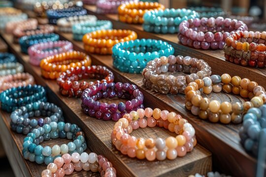 Mostrador de madera con pulseras de muchos colores de piedras naturales. Pedrer&iacute;a y joyas.