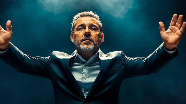 A confident middle-aged Caucasian man, possibly of European nationality, stands on a dimly lit stage. He is wearing a formal suit, arms outstretched, exuding charisma and authority. The scene