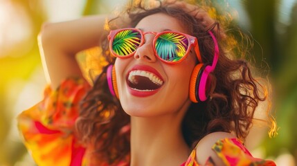 Happy Woman in Sunglasses and Headphones