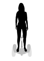 Silhouette of a girl standing on a segway made of black lines isolated on a white background. Girl riding a segway. Front view. Vector illustration.