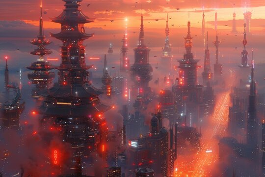 Ciudad del futuro con edificios muy altos tocando el cielo. Recurso gr&aacute;fico, fondo.