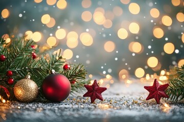 Christmas Decorations with Red and Gold Ornaments, Pine Branches, and Snow – Festive Holiday Background with Warm Bokeh Lights for Seasonal Celebrations