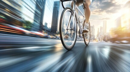 Naklejka premium A cyclist rides swiftly through a bustling city street at sunset.