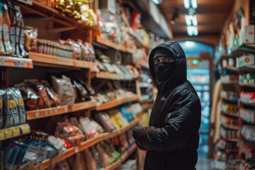 Chico con pasamontañas en la tienda a punto de robar. Delincuente. Recurso gráfico, fondo. 