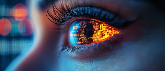Robotic eye reflecting fluctuating crypto and stock prices in real time, surveillance, robot tracking market shifts