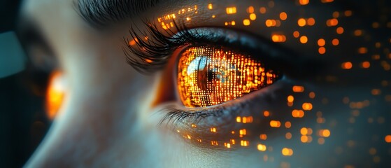 Robotic eye reflecting fluctuating crypto and stock prices in real time, surveillance, robot tracking market shifts