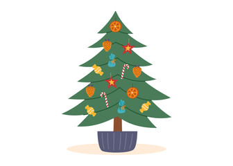 Decorated Christmas tree isolated on white background. Sustainable Christmas concept. Christmas ornaments.