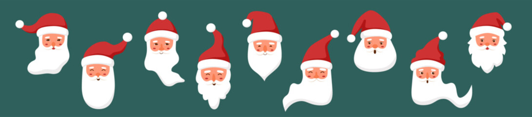 Set of Santa Claus faces with different emotions. Christmas concept.	
