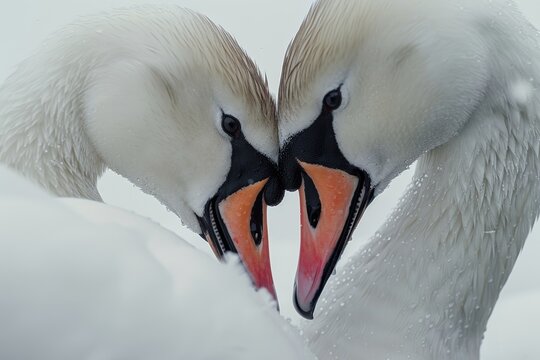 Dos cisnes con las cabezas juntas formando un coraz&oacute;n. Animales salvajes. 