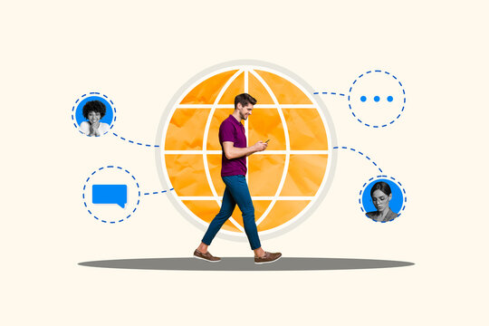 Creative collage young man walk world browser internet connection remote communication messenger app smartphone typing modern technology