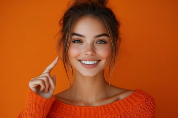Young woman in an orange sweater smiling and pointing against an orange background