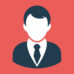 A man wearing a suit and tie is shown on a red background