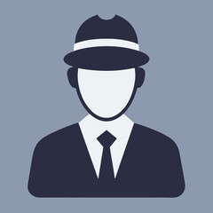 A man wearing a hat and tie is shown in a gray background