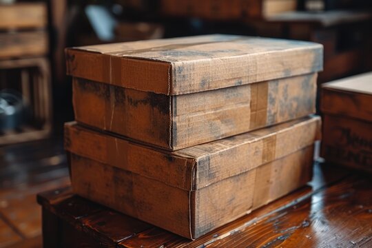 Dos cajas de cart&oacute;n manchadas. Traslado o almacenamiento de herramientas para reformas. Recurso gr&aacute;fico, fondo.