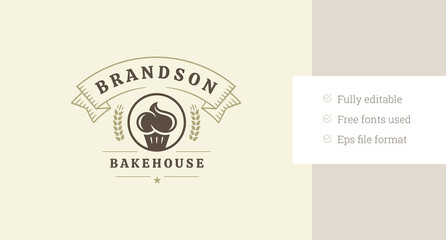 Obraz premium Bakehouse retro logo design template with creamy cupcake vector flat illustration. Bakery minimalist logotype with ribbon and wheat decorative element for store shop cafe menu brand advertising