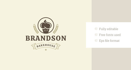 Fototapeta premium Bakery retro logo design template with pastry dessert vector flat illustration. Bakehouse old style minimalist logotype for baked sweet delicious fresh traditional bread cookery menu brand