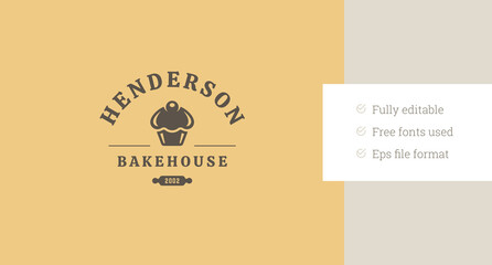 Bakery fresh dessert cupcake retro logo design template vector flat illustration. Bakehouse old style minimalist logotype for bread pastry culinary food cafe cafeteria eatery menu brand
