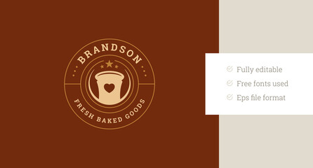 Bakehouse retro circle logo design template with fresh bread heart decor element vector flat illustration. Bakery shop store cafe minimalist logotype for brand baked delicious pastry product