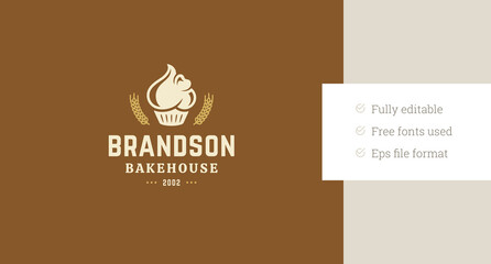 Bakehouse sweet creamy cupcake dessert retro logo design template vector flat illustration. Bakery fresh cooking pastry wheat bread and traditional baked dessert old style minimalist logotype